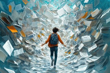 Overwhelmed Teenager Lost in Schoolwork Chaos - Conceptual Illustration of Stress and Pressure in Education System