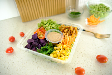 Close up of a variety of tasty and delicious salads on the table. Healthy food and healthy lifestyle