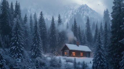 Snowy Cabin in a Mountain Forest