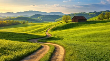 Obraz premium Rural travel road scene with a dirt path leading through rolling green fields, with a barn and distant hills.