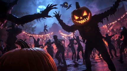 Halloween dance party inside a glowing pumpkin, creatures of the night dancing to spooky beats