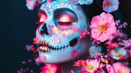 Naklejka premium Halloween makeup combining floral patterns and skulls with vibrant glowing effects, creating a living-dead garden goddess look,
