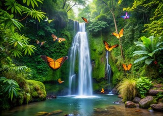 Lush greenery surrounds a serene waterfall, as vibrant butterflies flit about, perching on tropical branches, in a tranquil, exotic Costa Rican rainforest oasis.