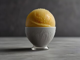 A highly detailed, cinematic close-up photograph of a solitary, exquisite, and realistic banana ice sorbet ball, glistening with subtle condensation droplets, delicately placed in a simple