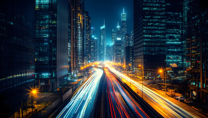 Obraz premium A bustling city at night, with skyscrapers illuminated and traffic creating streaks of light