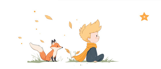 Fototapeta premium 아름다운 마음을 가진 어린 왕자, 그리고 여우와 장미 일러스트