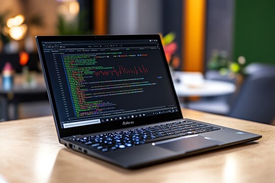 An open laptop displaying a SQL query, with a code editor and results table in the background