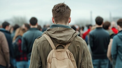 Fototapeta premium Social anxiety concept: figure in crowd with focus on solitude and reflection