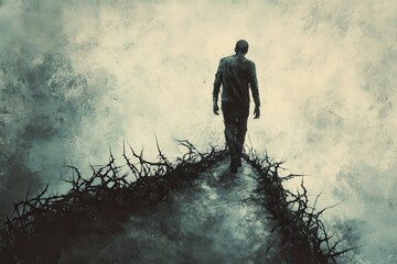 Obraz premium Brave Teen Walking on Thorny Path Symbolizing Mental Health Struggles