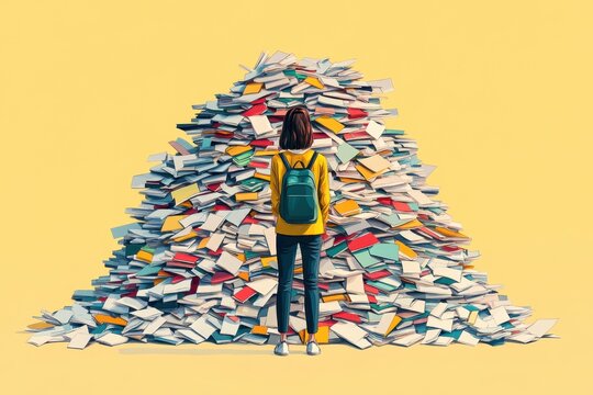 Illustration of a teen standing in front of a mountain of tasks, symbolizing the overwhelming feeling of responsibility.