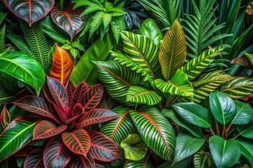 Vibrant close-up of diverse tropical foliage featuring varied leaves with rich green tones and natural textures, evoking botanical and ecological wonder.