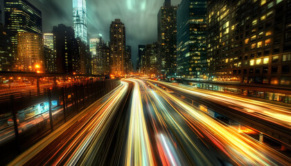 Obraz premium A bustling city at night, with skyscrapers illuminated and traffic creating streaks of light