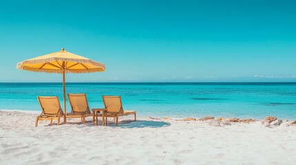 Tropical beach holiday background with sun loungers, umbrellas, and crystal-clear waters in the distance.