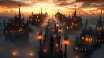 Fototapeta premium Halloween party held on a floating island in the sky, with foggy clouds below and eerie lanterns lighting the pathways in the air