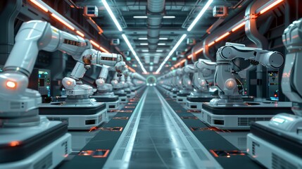 Cutting-edge factory with AI-driven machines, IoT sensors optimizing efficiency, futuristic industrial environment, smart manufacturing technology