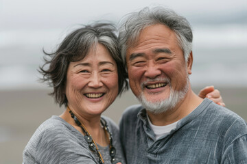 An elderly couple taking a photo by the seaside