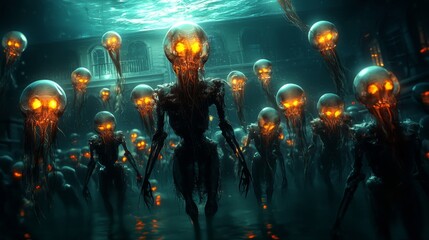 Naklejka premium Halloween party in an underwater haunted house, with floating ghost decorations and glowing jellyfish, isolated in dark waters