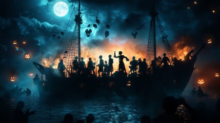 Halloween party on a pirate ship sailing through ghostly waters, with skeleton pirates dancing under the moonlight and treasure chests filled with spooky treats