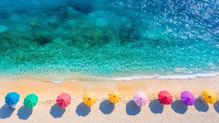 Vibrant travel beach background with colorful umbrellas dotting the sand, turquoise waters stretching into the horizon.