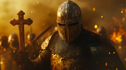 A Byzantine soldier, fully armored with a shining helmet that hides his face, stands strong in the midst of a chaotic battlefield. In his hand, he holds an Orthodox cross high