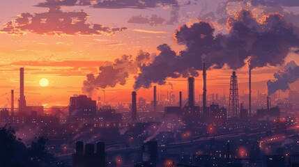 Obraz premium Industrial factory at dawn, with steam rising from cooling towers and the silhouette of machinery against the sky