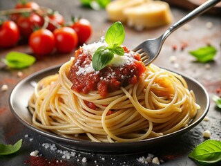 Freshly cooked spaghetti twirled around a fork, smothered in rich, savory tomato sauce and sprinkled with grated Parmesan cheese, garnished with basil leaves.