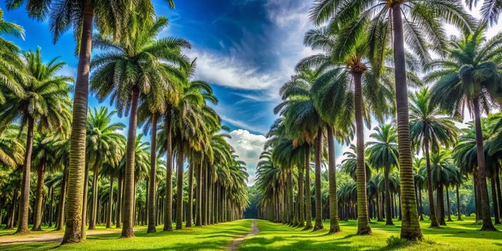 Majestic rows of towering Metroxylon sagu palm trees and Carnauba palms dominate a sprawling tropical plantation, their grandeur showcasing vibrant scenery with a captivating display.