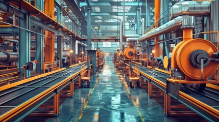Naklejka premium Industrial factory, conveyor belts transporting parts, advanced machinery operating efficiently, workers maintaining order