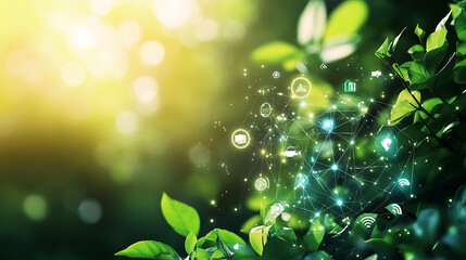 Clean background image with a sustentability environment and some tecnology icons flying around