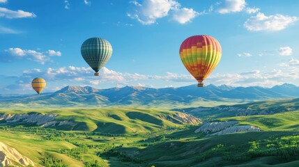 Fototapeta premium Vibrant travel wallpaper with hot air balloons flying over green valleys and distant hills under a clear blue sky.