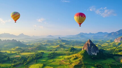 Naklejka premium Vibrant travel wallpaper with hot air balloons flying over green valleys and distant hills under a clear blue sky.
