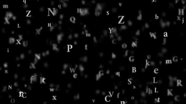White alphabet on black background. Floating and disappearing symbols. Abstract background with depth of field. Seamless loop.