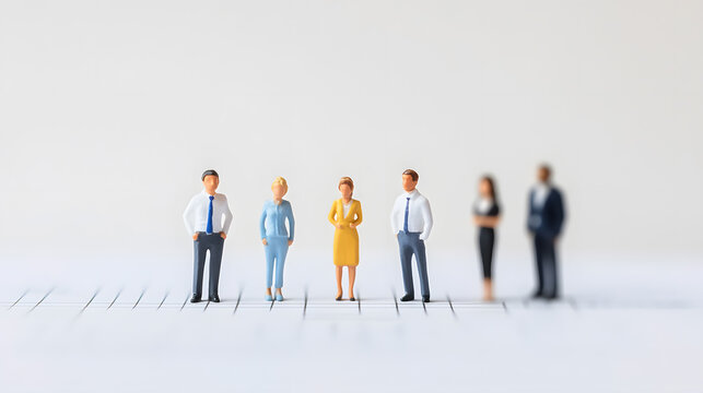 Silhouettes of miniature business people team , customer section group standing in office illustration