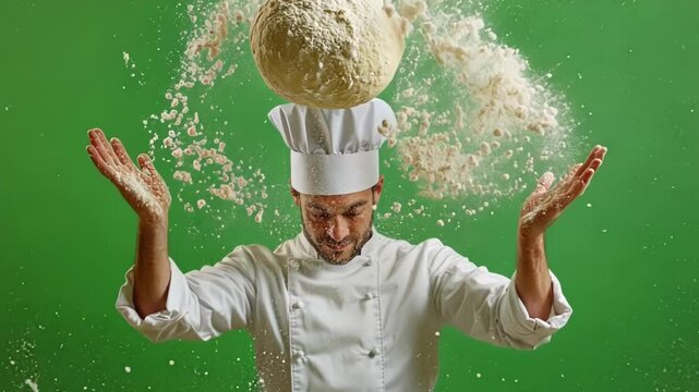 Baker is tossing dough in flour against a green screen background, creating a dynamic and playful scene that embodies the art of baking