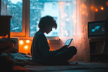 A young person sitting alone in a room, surrounded by electronic devices, their attention fully absorbed by the digital world, disconnected from reality.