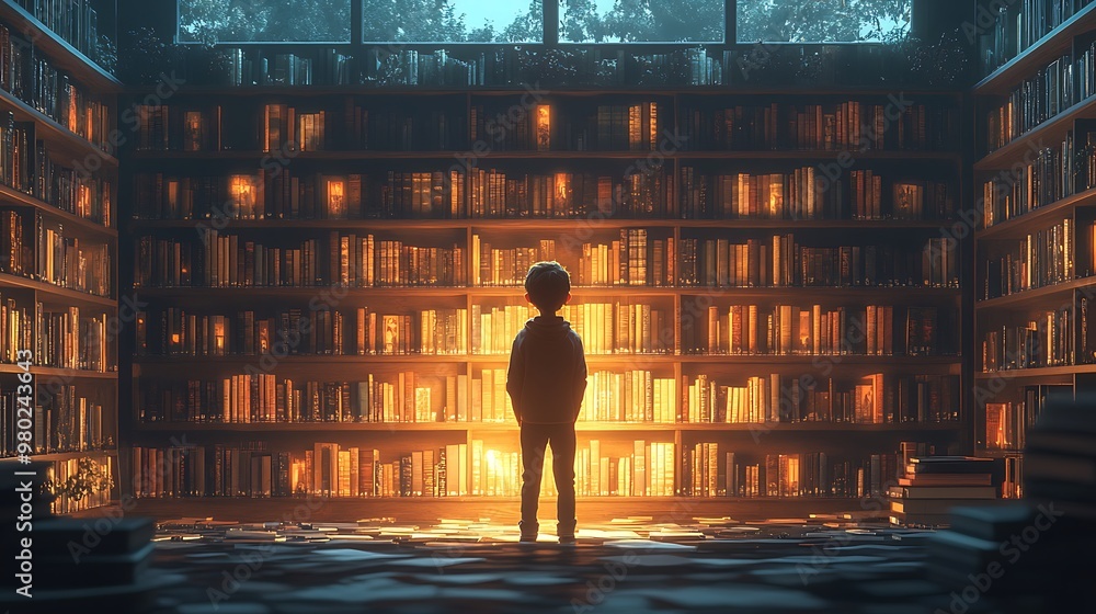 Poster a young boy stands in a large library, surrounded by bookshelves. the books are illuminated by a sof
