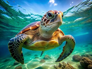 Fototapeta premium Magnificent green sea turtle breaks the ocean's surface, showcasing its distinctive beaked head and heart-shaped shell, symbolizing wildlife conservation and rescue efforts.