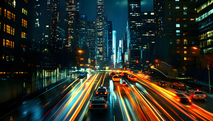 Obraz premium A bustling city at night, with skyscrapers illuminated and traffic creating streaks of light