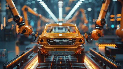 High-tech manufacturing plant, AI-controlled robotic arms assembling car parts, IoT systems optimizing performance, smart factory concept, advanced machinery