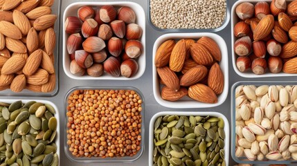 A variety of nuts and seeds displayed in bowls, showcasing healthy snacks and natural ingredients for culinary inspiration.