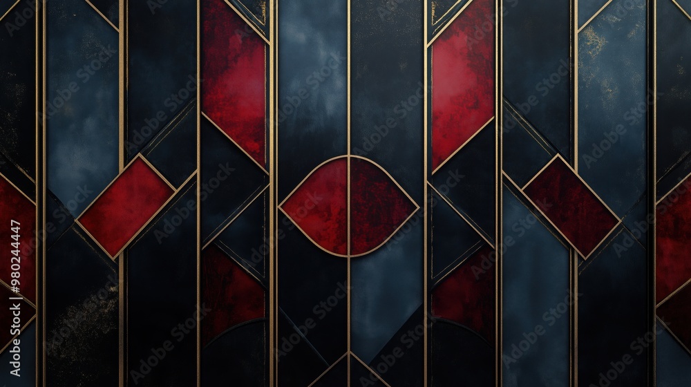 Poster a black and red patterned background with gold accents. the pattern is made up of squares and triang