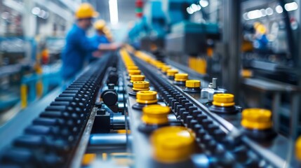 Workers assembling parts on a conveyor belt in a modern manufacturing plant, industrial tools, focus on teamwork and efficiency