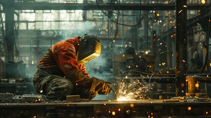 Welder at work in a gritty, rustic factory, sparks illuminating the scene, old metal surfaces and heavy machinery creating an industrial backdrop