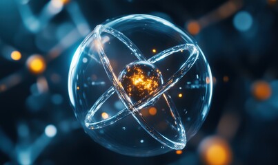 A glowing sphere with a black background. The sphere is surrounded by a bright orange glow. The sphere is a representation of a nucleus