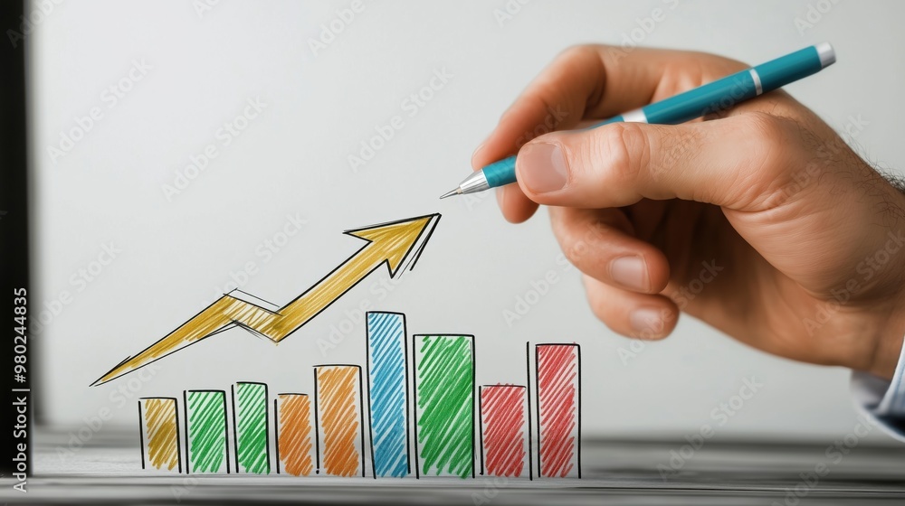 Poster a hand is drawing a graph with a blue pen. the graph is a line with a green arrow pointing upwards. 
