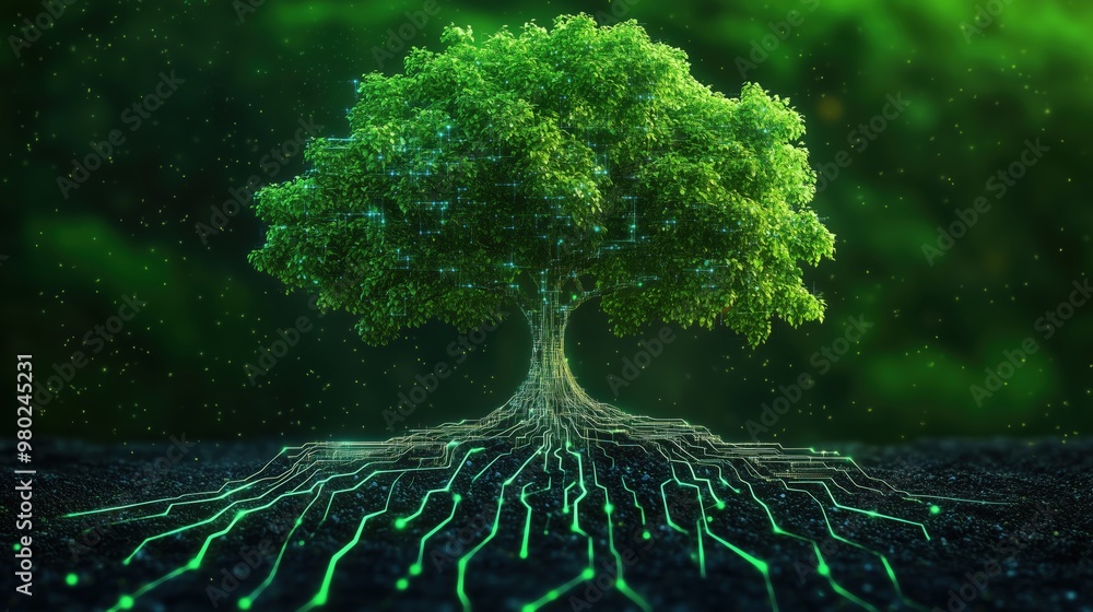 Poster a tree with green leaves and roots that are connected to a computer. the image has a futuristic and 