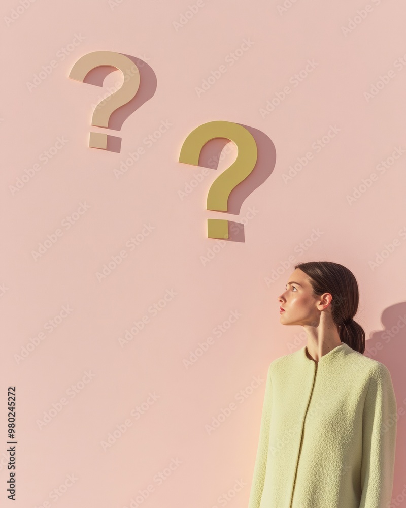Poster woman contemplates floating question marks on pastel pink background – minimalistic and modern profe