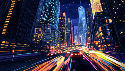 Naklejka premium A bustling city at night, with skyscrapers illuminated and traffic creating streaks of light
