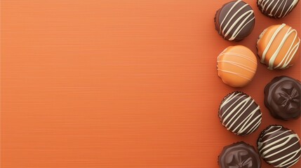 Chocolate truffles decorated with white and orange icing on orange background.