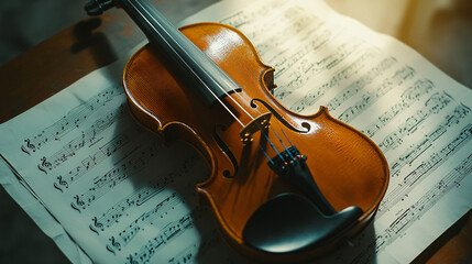 violin on sheet music, close-up, wooden instrument, musical, classical music, sheet music, brown, golden, vintage, old, classic, traditional, abstract, background, texture